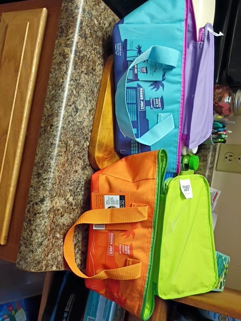 Trader Joe's Reusable Insulated Lunch Tote - Orange, Turquoise, Purple, Lime.